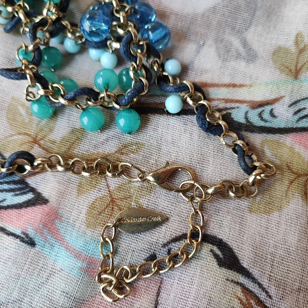 Coldwater Creek Light Weight Extra Long Blue and Jade Green Necklace Gold Tone